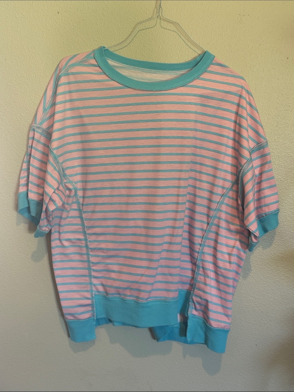 Amazon Women's Pink and Light Blue Striped Pullover Sweatshirt
